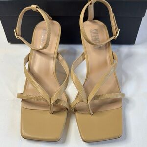 Tan Kitten Heel Sandals with Ankle Strap